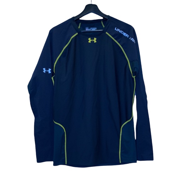 BNWT Men’s Under Armour navy blue w/ yellow stitching compression long sleeve - Picture 1 of 8